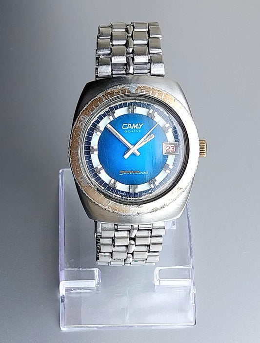 Camy Geneve Sevenseas 7489 Divers Mens Vintage Blue Dial Swiss Dive Watch