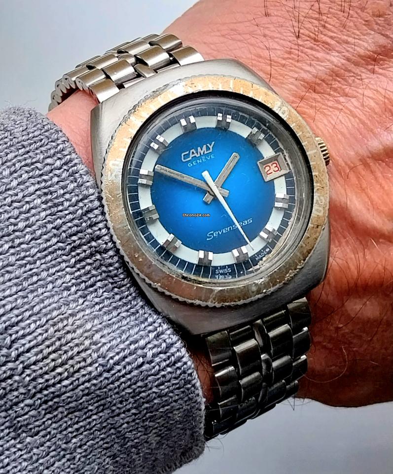 Camy Geneve Sevenseas 7489 Divers Mens Vintage Blue Dial Swiss Dive Watch