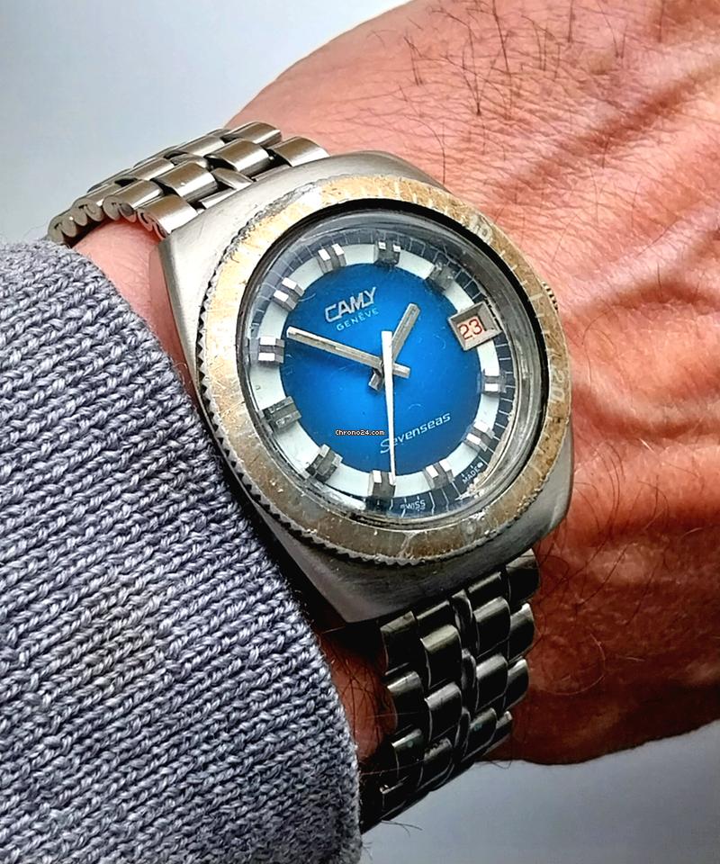 Camy Geneve Sevenseas 7489 Divers Mens Vintage Blue Dial Swiss Dive Watch