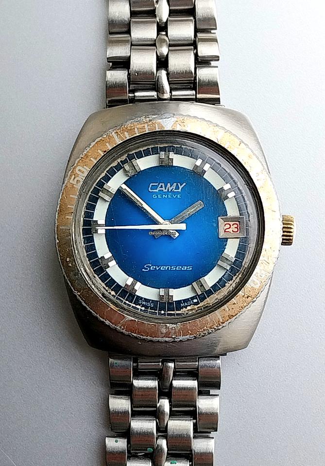 Camy Geneve Sevenseas 7489 Divers Mens Vintage Blue Dial Swiss Dive Watch